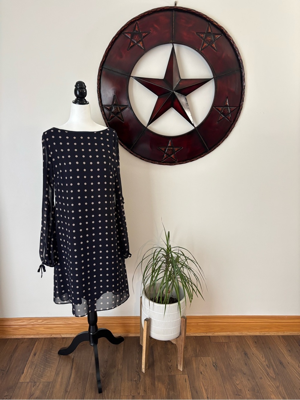 Chaps Polka Dot Feminine Navy Crewneck Dress with Sheer Tie-Up Sleeves Sz 8 - Picture 7 of 7